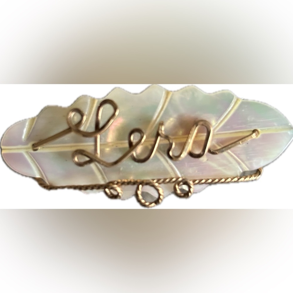 Vintage Carved Mother of Pearl Leaf Brooch with Name Lera in Gold wire 1.5”